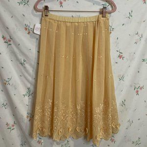 Vintage 80s 90s Golden Yellow Floral Embroidered Midi Skirt w/ Bows Size S